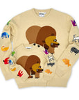 Adult Size Beige sweater with bear and animal designs on sleeves with smaller kids version of the same sweater