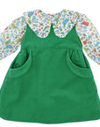 Green Corduroy Girls Dress with Folk Tails Liberty London Blouse