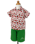 kids short-sleeve strawberry button-up shirt with coordinating green shorts, inspired by The Very Hungry Caterpillar