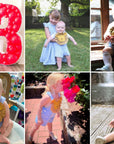 Collage of six cute babies and toddlers in a blue gingham lion romper, ideal for birthdays, sibling outfits, outdoor play, and milestone celebrations