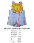 Blue gingham lion romper with shoulder-to-stride measurement chart for baby and toddler sizes. Features lion face appliqué with ruffled mane.