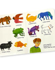 Open Brown Bear board book showing colorful animal illustrations and text from the classic Eric Carle story.