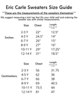 Size chart for Little Goodall Brown Bear Sweater, featuring chest and length measurements in inches and centimeters for kids' sizes 2-14Y