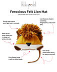 Ferocious Felt Lion Hat with yarn mane, fleece lining, ear coverage, and velcro chin strap for warmth