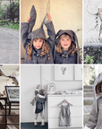 Collage of children wearing the Little Goodall Flopsy Bunny coat, showcasing wool fabric, bunny ear hood, and cozy design in various outdoor settings