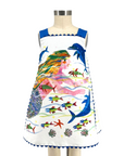 Front view of girls’ mermaid dress with colorful underwater scene by Eric Carle and ocean-blue shoulder straps.