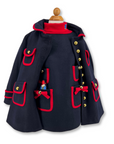 A winter dress and coat set with red trim, gold buttons, front pockets, embroidered with Paddington bear.