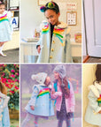 Collage of young girls wearing a sky blue wool coat with rainbow and butterfly details, styled in various settings.