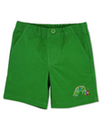 Front view of green cotton toddler and kids' shorts with an embroidered Very Hungry Caterpillar and an elastic waistband for comfort