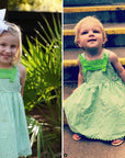 Children wearing green gingham alligator sundresses and a matching romper outdoors, showcasing the playful and coordinated sibling outfits.