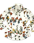 Ivory Grand Botanical Ladies Shirt with a vibrant floral, butterfly, and beetle print on 100% cotton sateen, featuring long sleeves, a classic collar, and a tailored fit