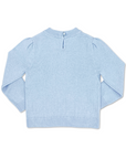 Back view of Kids Willa Heart Sweater in light blue, showing pearl button closure at neck and ribbed hem