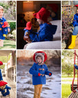 Children wearing blue duffle coats with toggle closures and red hats, inspired by Paddington Bear.