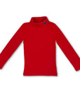 organic cotton red turtleneck for kids with an embroidered Paddington Bear on the collar. Soft, breathable, and perfect for layering in cold weather
