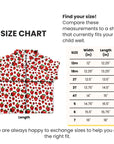 Size chart for kids' strawberry print button-up shirt from The Very Hungry Caterpillar™ collection, with width and length measurements by size