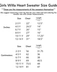 Size guide for the Kids Willa Heart Sweater with detailed chest and length measurements in inches and centimeters.