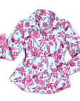 Ladies Aviary Toile Classic Shirt in pink and blue with floral and bird print, made from 100% cotton sateen.