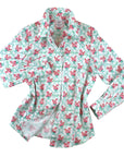 Ladies button-down shirt with Willa Heart foo dog print in teal and plum on cotton sateen. Long sleeves, tailored fit
