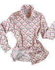 Ladies classic button-down shirt in Willa Heart pink dog print, 100% cotton sateen, long sleeves, button cuffs, and tailored fit