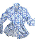 Ladies classic button-down shirt in blue & white Willa Heart dog print, made from 100% cotton sateen with long sleeves, a tailored fit, & a curved hem
