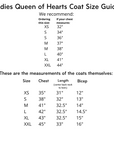 Little Goodall Ladies Queen of Hearts Coat size guide with chest, length, and bicep measurements for XS to XXL