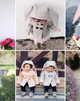 Collage of kids wearing the grey bunny coat with floppy ears, pink-lined cuffs, and a cozy hood. Features double-breasted buttons and welt pockets.