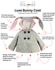 Luxe Bunny Coat in Grey & Pink with hood and long bunny ears.-pink-lined cuffs, satin-lined sleeves, and double-breasted button