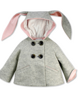 Luxe Bunny Coat in grey and pink by Little Goodall, featuring long bunny ears, a cozy faux fur lining, and a double-breasted front.