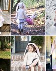 Luxe Bunny Coat in Sand & Pink showcased in a collage of real-life wear, featuring charming bunny ear details.
