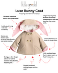 Feature guide for the Luxe Bunny Coat in Sand & Pink, highlighting wool fabric, faux fur lining, and bunny ear hood.