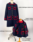 Ladies' and girls' deep blue wool coat and winter dress with gold buttons and red trim from Little Goodall's Paddington collection