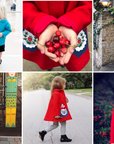 Girls wearing red and blue Matryoshka coats in various settings, showcasing stylish and cozy winter fashion