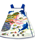 A sleeveless mermaid dress with a vibrant undersea print featuring dolphins, starfish, and seashells, accented with ocean-blue scalloped trim.