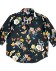 Midnight Grand Botanical ladies Shirt featuring a floral print with butterflies, moths, and beetles on black cotton sateen fabric