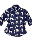 Navy Pedigree ladies' button-down shirt with Greyhound, Borzoi, and Whippet print on 100% cotton sateen, three-quarter sleeves, and a flattering fit