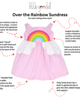 Pink rainbow sundress with cloud peplum, showcasing detailed design features like hand-appliquéd rainbow, twirl-friendly hem, and adjustable straps