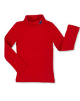 organic cotton red turtleneck for kids featuring an embroidered Paddington Bear on the collar. Soft, cozy, long-sleeved, and ideal for layering