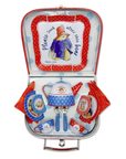 Paddington Bear tin tea set in a red suitcase with classic illustrations, featuring cups, saucers, a teapot, and accessories for kids' tea parties