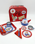 Paddington Bear tin tea set with a red travel-themed suitcase, teapot, cups, saucers, plates, and spoons for kids' tea parties and pretend play