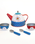 Little Goodall Paddington Tin Tea Set with a teapot, two cups, and spoons, featuring classic Paddington Bear artwork and a polka-dot design.