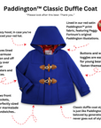 Paddington Classic Duffle Coat in royal blue with wooden toggles, red satin lining, and cozy hood, designed for warmth and easy layering