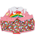 Inside view of pink wool girls' coat, showing vibrant rainbow and butterfly print lining with a faux fur collar and gold butterfly details