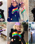 Collage of Girls'in Queen of Hearts coat in black wool with rainbow appliqué, metallic hearts, and faux fur collar, styled in various settings.
