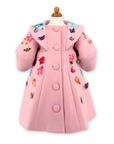 Pink wool girls' coat with colorful floral embroidery and butterfly details, featuring a portrait collar, lantern sleeves, and satin lining