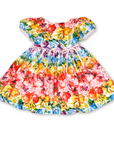 flat-lay rainbow bloom dress floral butterfly printpuff-sleeves gathered skirt waist tie for special occasions
