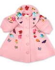 Petal pink wool girls' coat with floral embroidery, butterfly appliqués, portrait collar, and lantern sleeves. Perfect for special occasions.