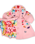 Pink wool girls' coat with floral embroidery, butterfly appliqués, and vibrant watercolor print lining. Elegant and perfect for special occasions
