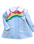 Sky blue wool girls' coat with rainbow design, gold and silver butterflies, faux fur collar, and hidden button closure