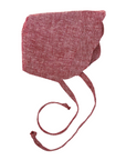 Red scallop bonnet with scalloped brim and long ties, handmade for sun protection and secure fit for babies.