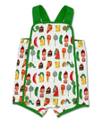 Reversible toddler romper featuring a vibrant Hungry Caterpillar food print with green trim and button accents.